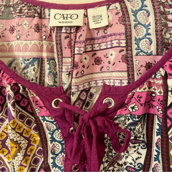 CATO Women’s Patchwork Print Pullover Front Tie Cold Shoulder Blouse - Picture 4 of 5